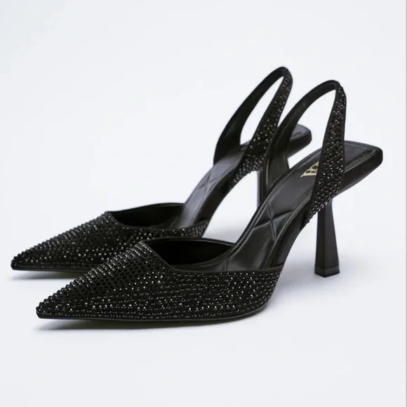 Sara ZARA WOMAN NWT SS25 BLACK SLINGBACK HEELS WITH BOW ALL SIZES